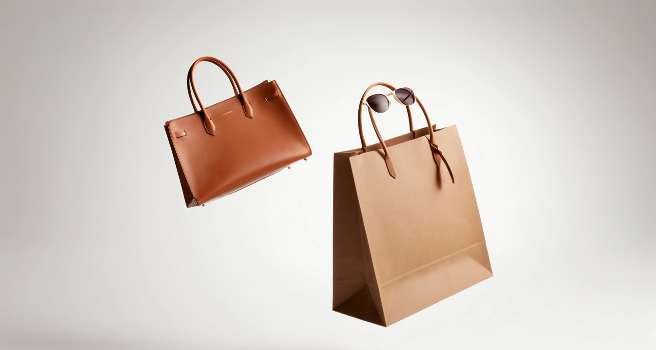 LX팩토리<br>- 쇼핑과 미식의 조화 (elegant boutique shopping bags, a clean blank receipt, and a pair of stylish sunglasses)